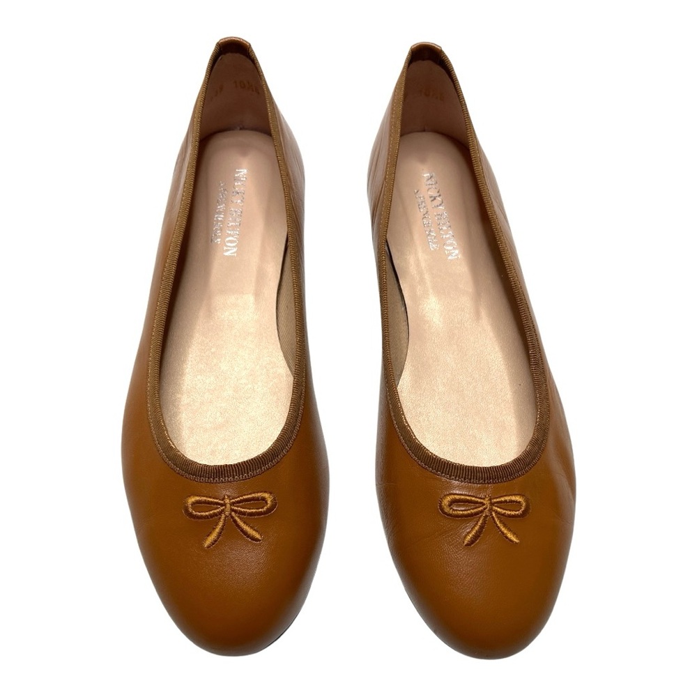 French Sole Tan Leather Ballet Flats with Bow Accent